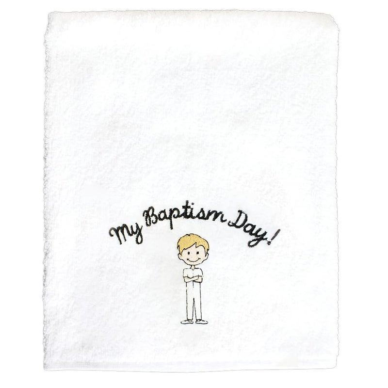 Ringmasters LDS White Embroidered Baptism Towel - Boy Blonde Hair - Baptism Day! Towel - Great Gift - 4 1/2 ft x 2 ft - Image 1